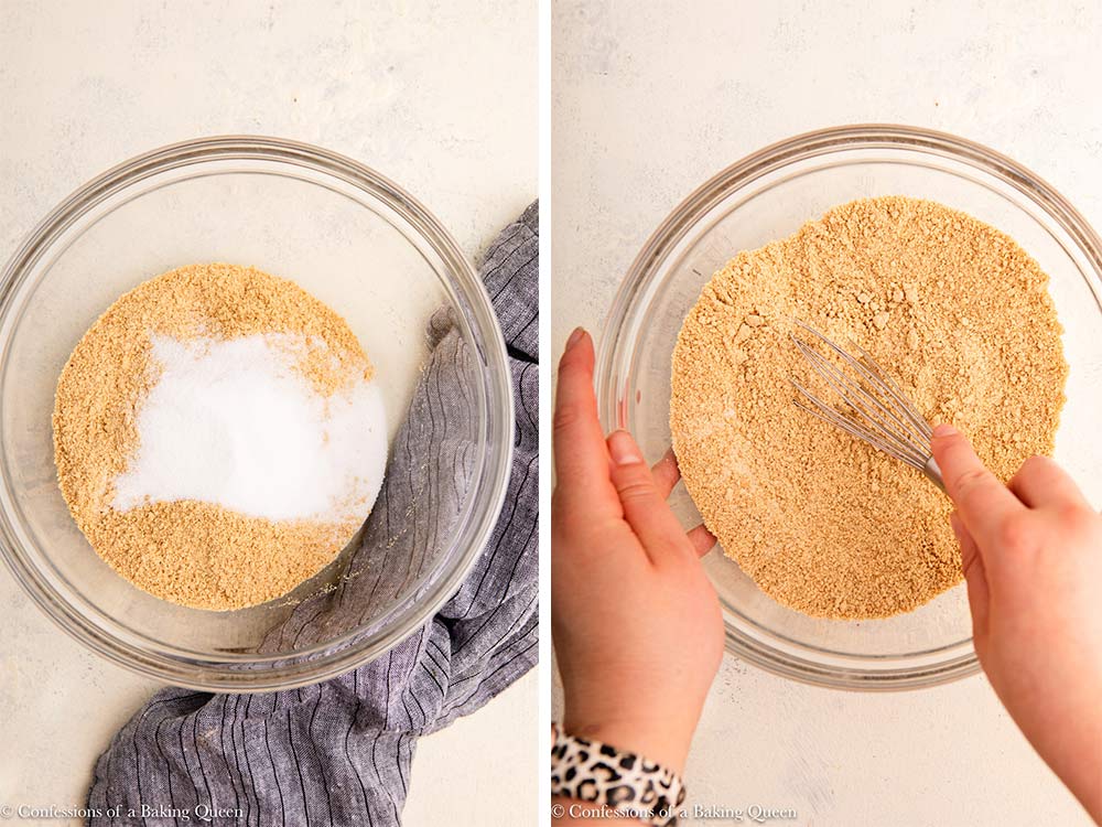 sugar and graham cracker crumbs whisked together in a glass bowl