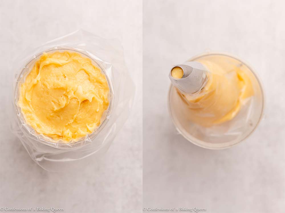 choux pastry in a clear piping bag in a plastic cup with a round tip