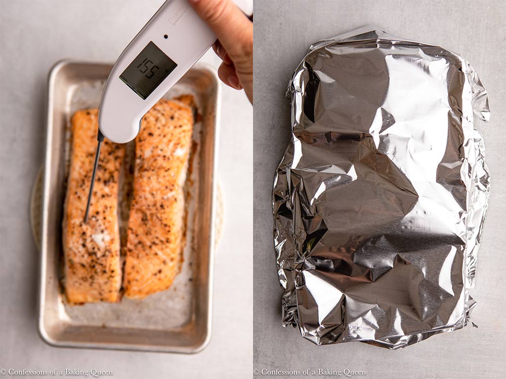 digital thermometer checking the internal temperature of salmon and wrapping it in foil to let it rest