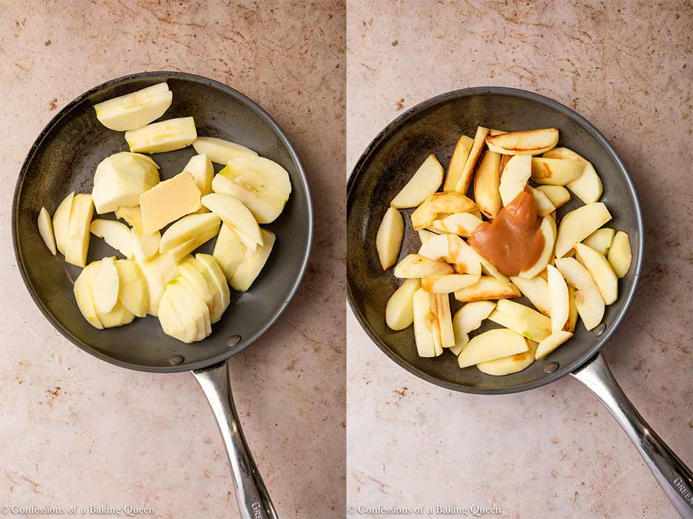 apples and butter and caramel cooking in a saute pan on a light brown surface
