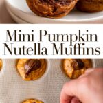 nutella pumpkin muffins on white plates on a light brown surface with a wooden knife and orange linen