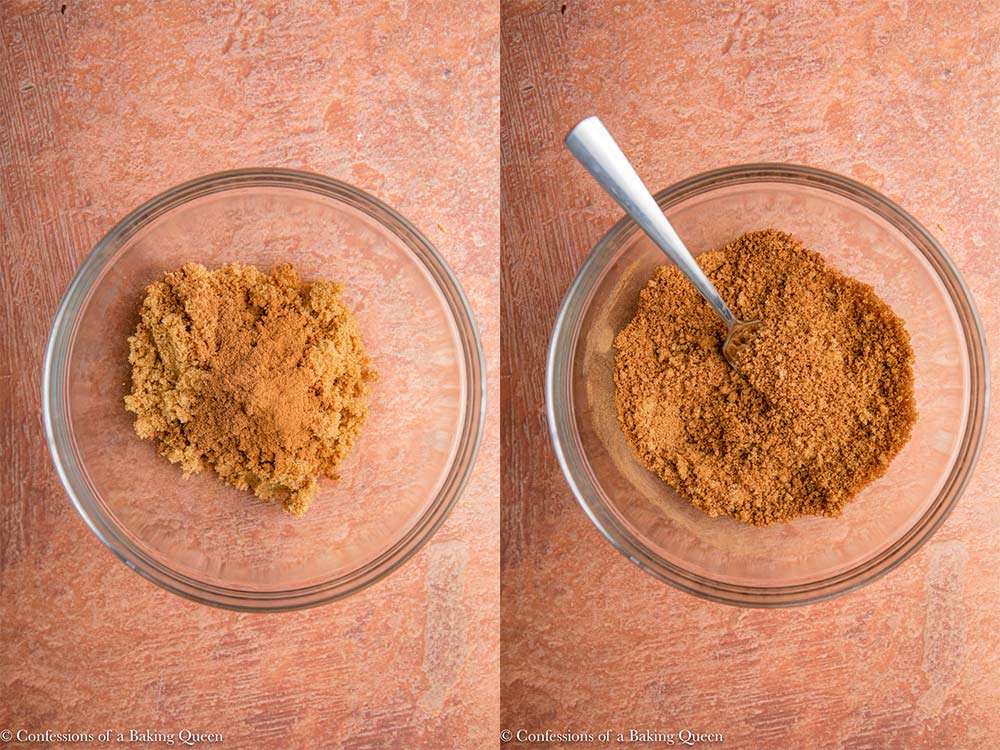 brown sugar, pumpkin pie spice, and ground cinnamon mixed together in a small glass bowl with a fork on a red and brown surface