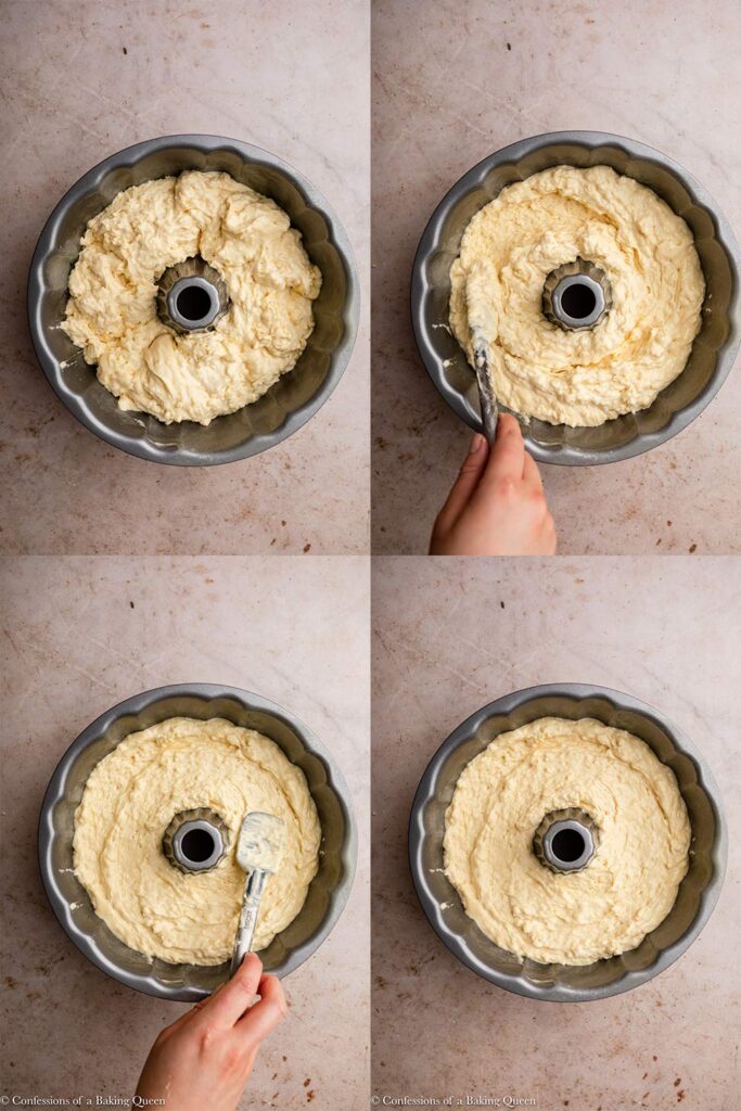 cake batter added to bundt cake and smoothed out