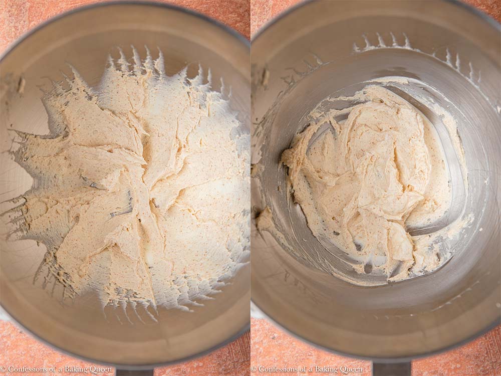 cream cheese and brown butter beat together in a metal mixing bowl on a red and brown surface