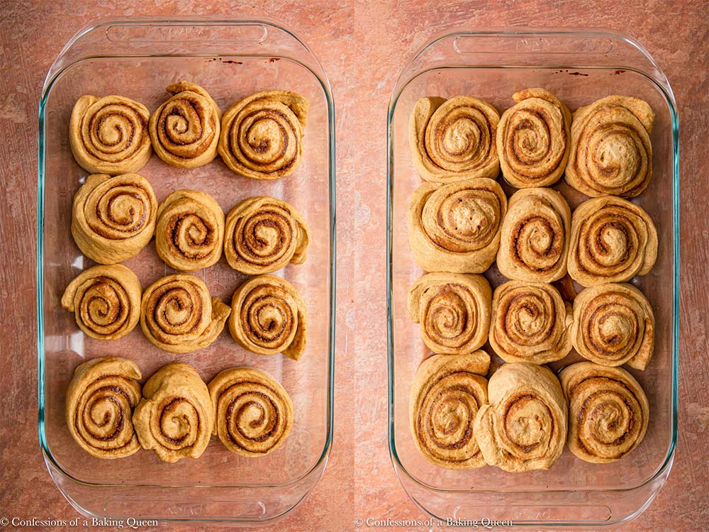 pumpkin pie cinnamon rolls before and after their second rise in a glass dish on a red and brown surface