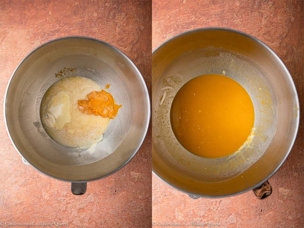 pumpkin puree, sugar, egg and dry milk powder added to yeast mixture in a metal bowl on a red and brown surface