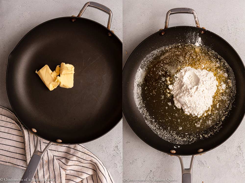 butter melted in a skillet then flour added in a saucepan on a light grey surface