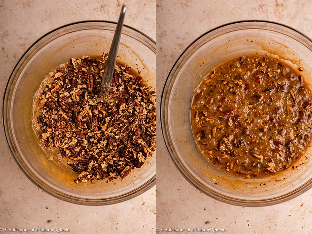 pecans mixed into filling in a glass bowl on a light brown surface