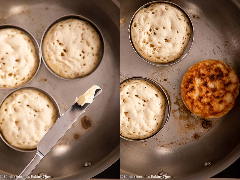 piece of butter added to pan for crumpet to cook in a metal pan