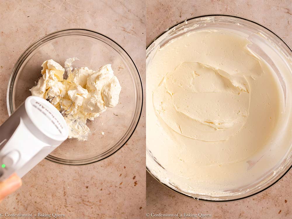 cream cheese mixed together until a smooth texture with no lumps. in a glass bowl on a light brown surface