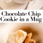 chocolate chip cookie mug cake in a white tea cup on a white saucer with a metal spoon on a marble surface with a white and blue linen