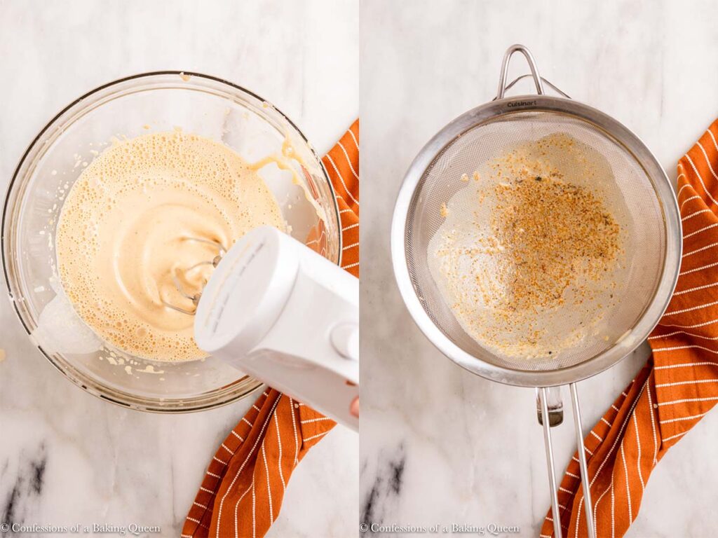 pumpkin creme brulee mixture mixed together then strained through a fine metal sieve on a white marble surface with an orange linen