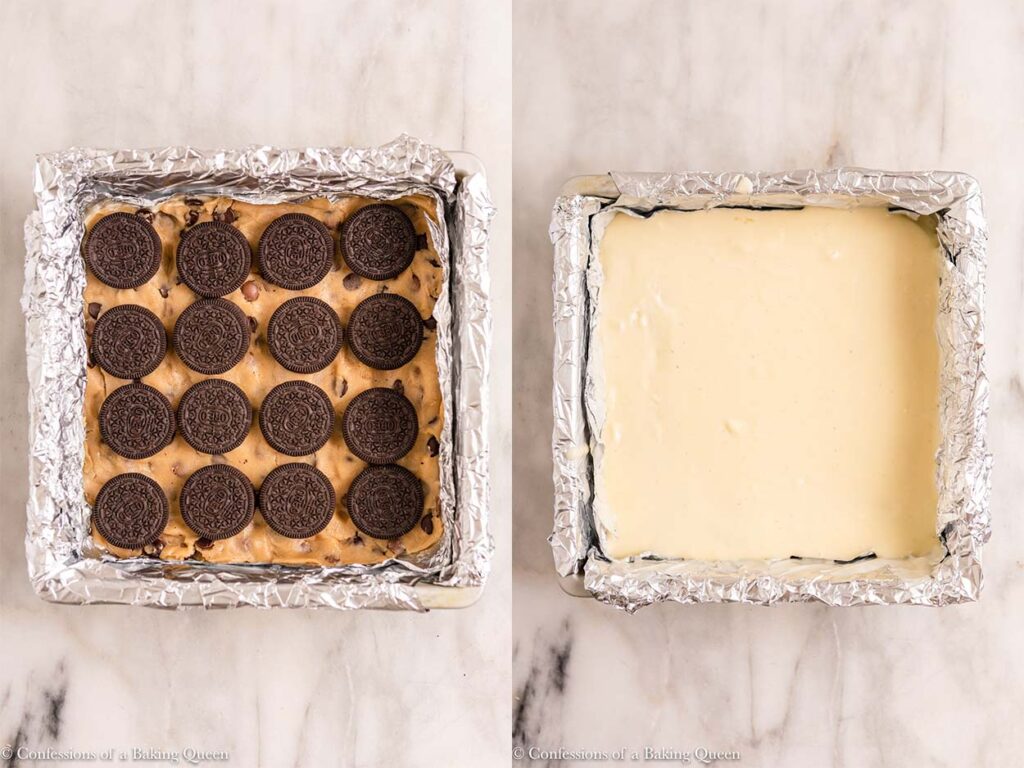 oreos placed on top of cookie dough then cheesecake batter poured on top in a foil lined metal pan on a white marble surface