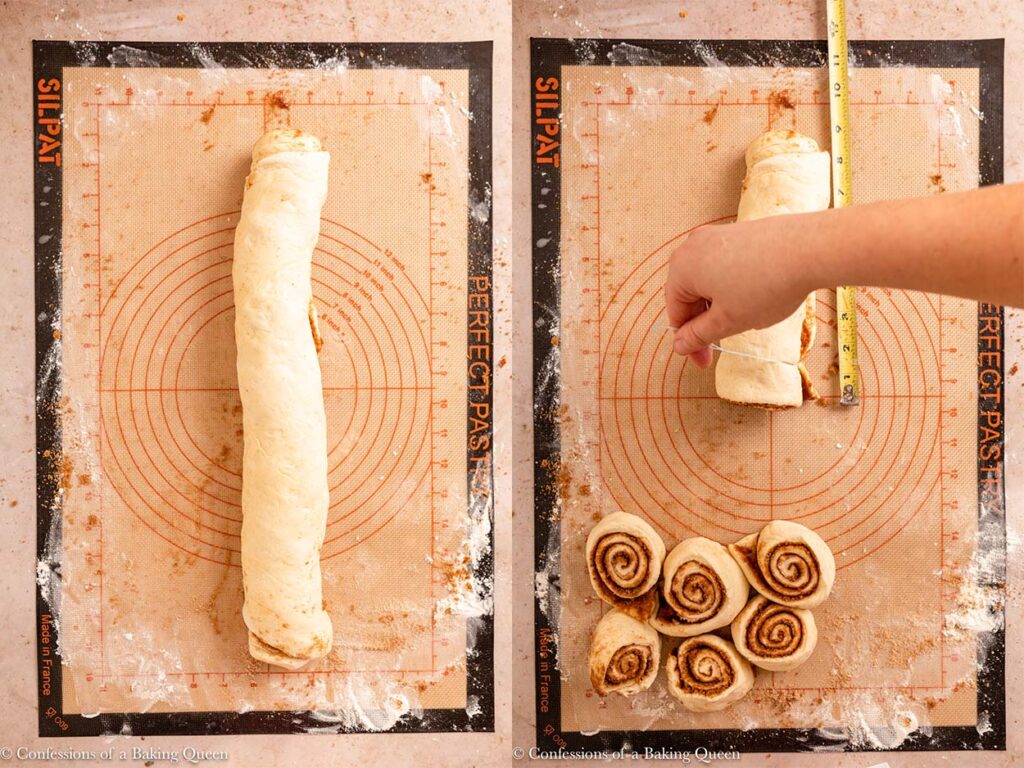 pecan cinnamon rolls rolled into a log then cut with dental floss on a silpat work surface on a light brown surface