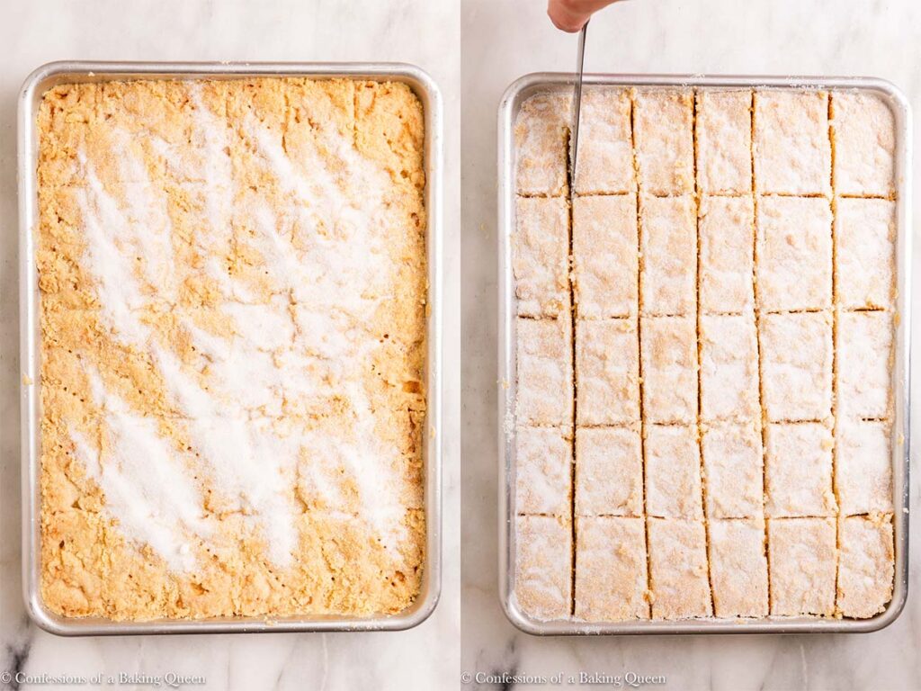 sugar topped on shortbread then cut into squares on a white marble surface