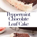 slice of peppermint chocolate loaf cake on a white plate