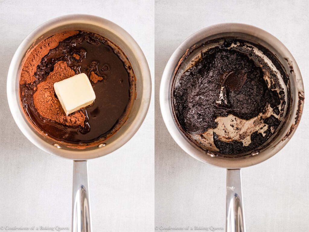 cocoa powder, butter and coffee cooked together in a small metal pot on a light grey surface