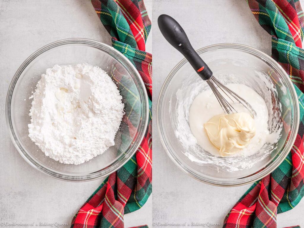 confectioners sugar and milk whisked together then white chocolate added to it in a glass bowl on a light grey surface and red and green linen