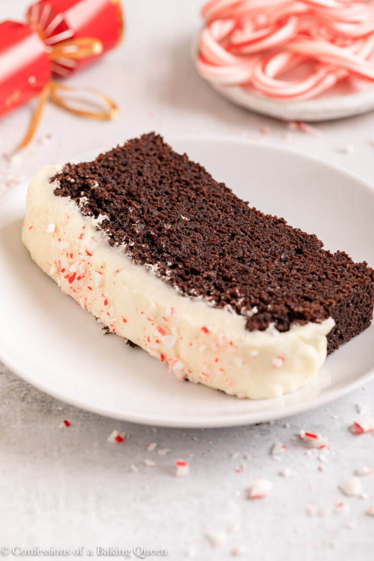 slice of peppermint chocolate loaf cake on a white plate