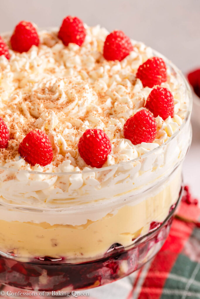 up close of sherry trifle in a trifle dish