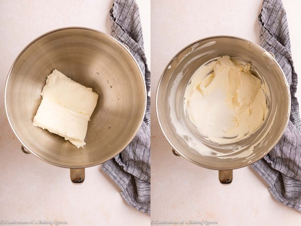 cream cheese mixed into a smooth mixture then sugar added in a metal bowl on a light tan surface with a blue linen