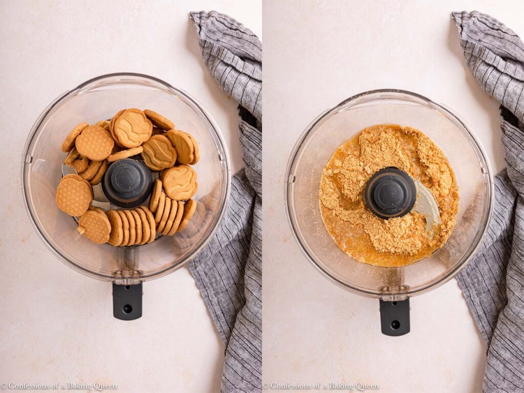 shortbread cookies in a food processor blended up with melted butter on a light tan surface with a blue linen