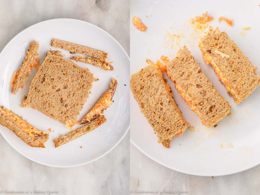 carrot cheddar sandwiches with the crusts cut off and then cut into rectangles on a white plate on a white marble surface
