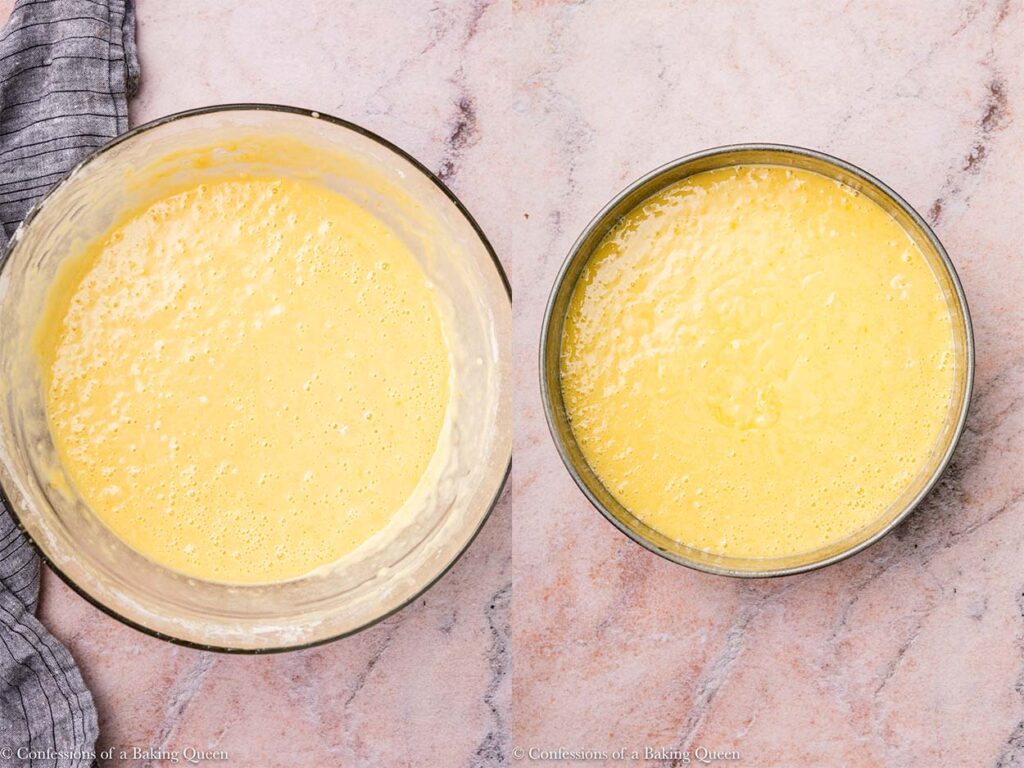 lemon olive oil cake batter in a glass then poured into a springform pan on a brown marble surface with a blue linen