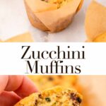 zucchini muffins in a brown parchment liners sitting on a white marble surface