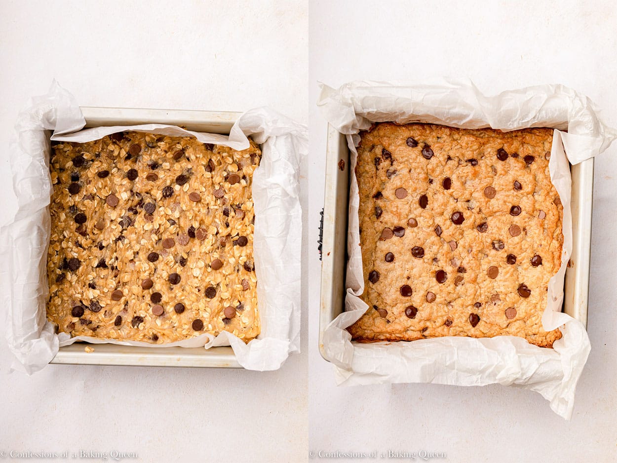 oatmeal chocolate chunk cookie bars before and after baking in a square baking pan on a light surface