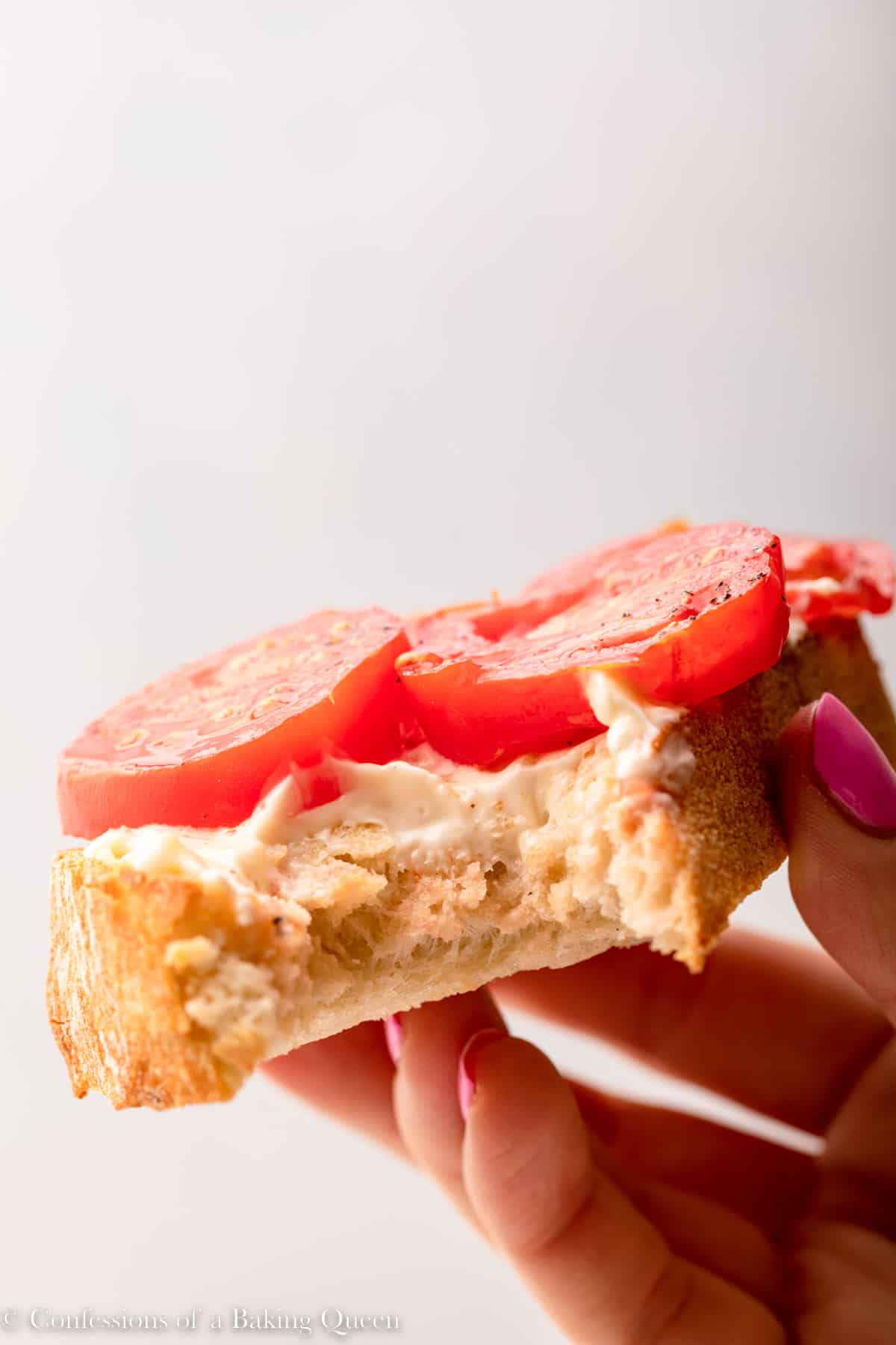 bite taken out of an open face tomato sandwich