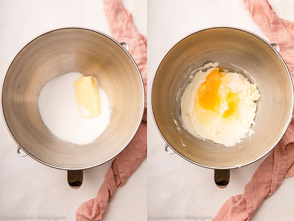 butter and sugar creamed together then egg added on a light surface with a pink linen