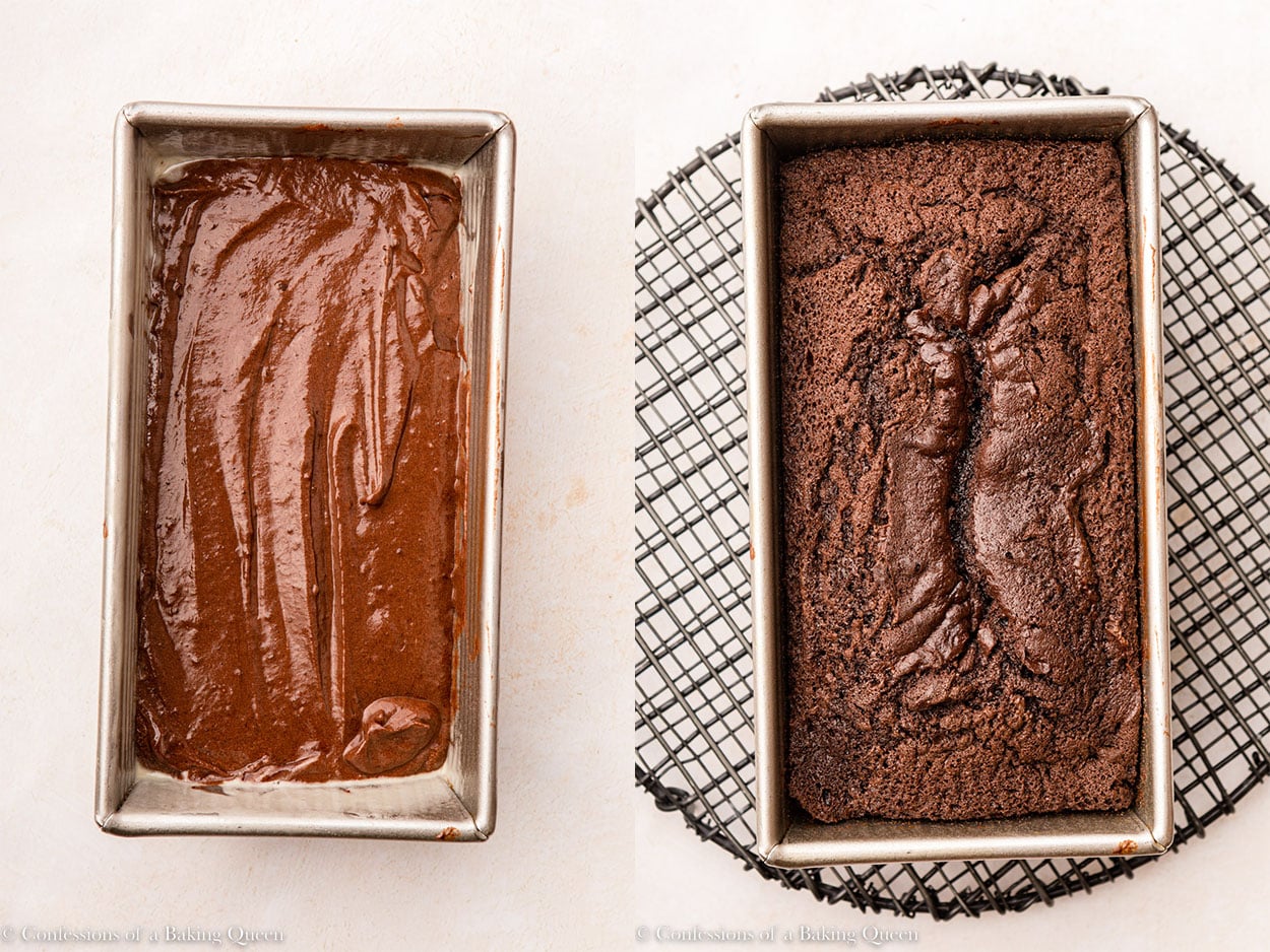 chocolate pound cake before and after baking in a loaf pan