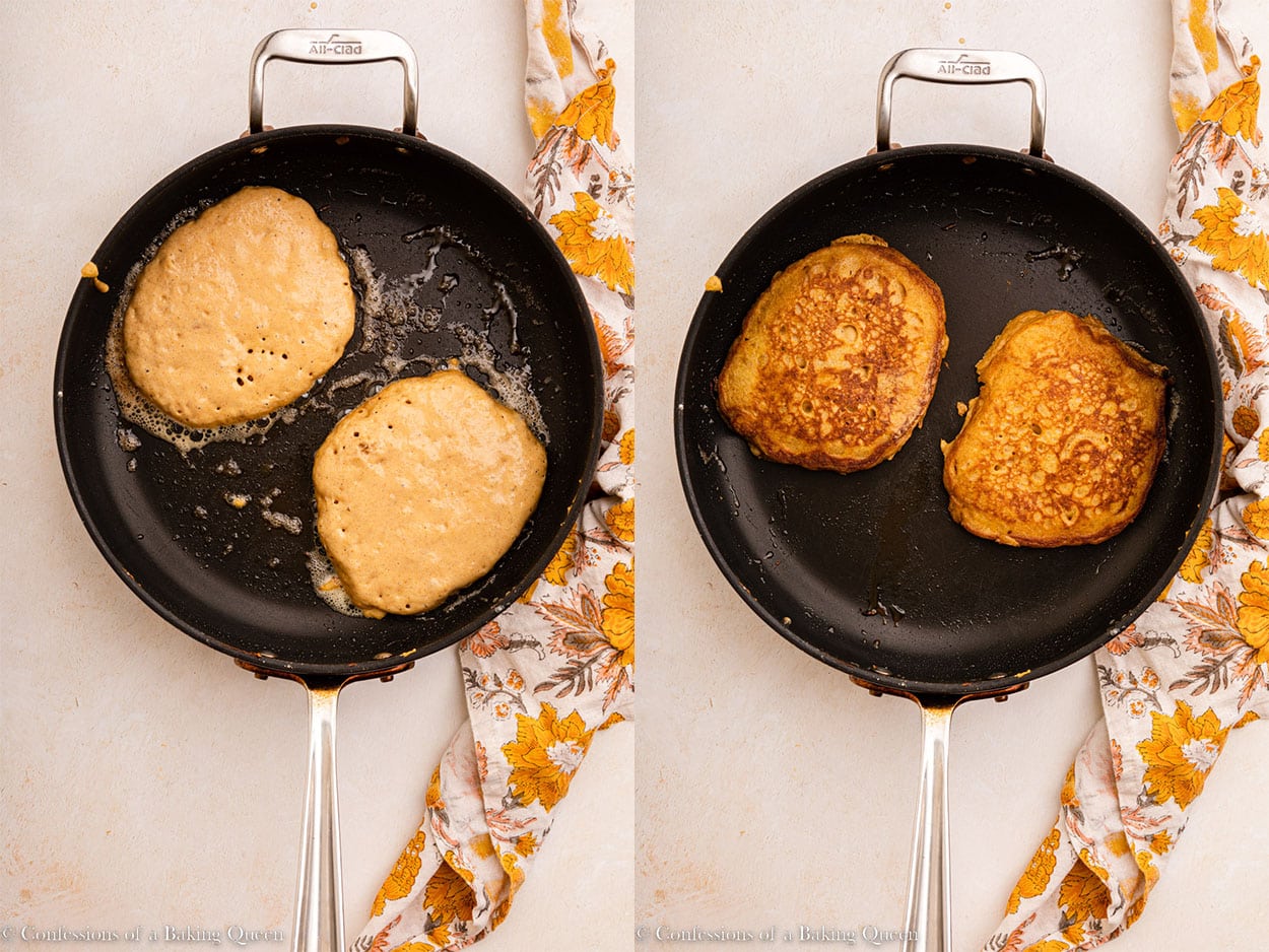 pumpkin pancakes flipped and cooking in a non-stick skillet on an light surface with an orange linen