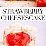strawberry cheesecake cut open on a white plate on a light background