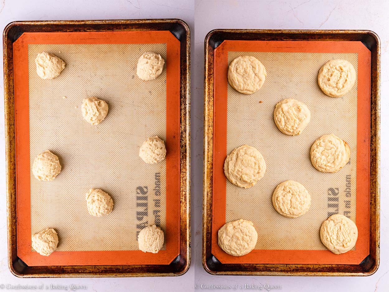 chewy sugar cookies before and after baking on a light surface