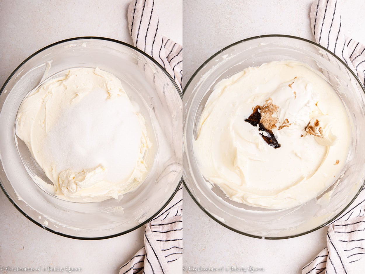 sugar added to cream cheese mixture then cream, sour cream, and vanilla bean paste added in a glass bowl on a light surface with a stripped linen