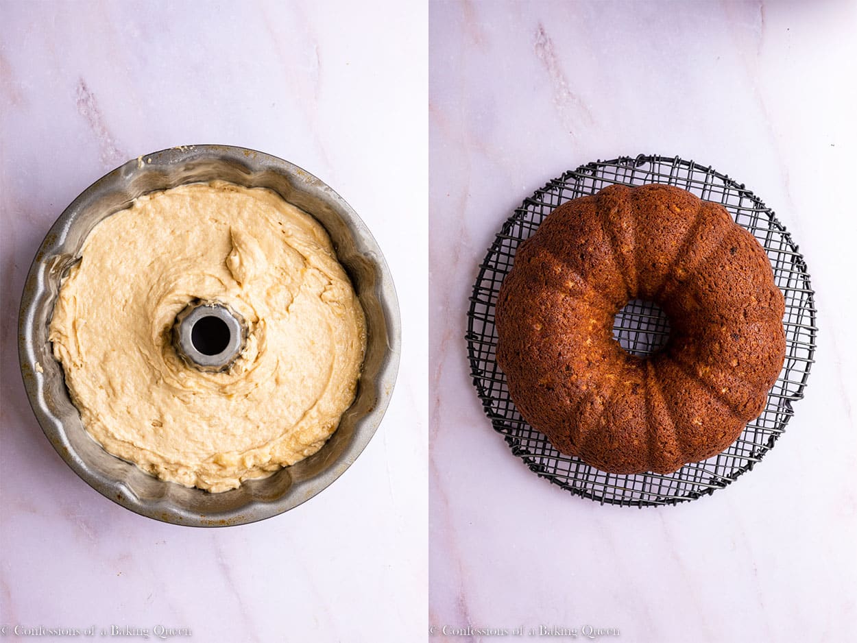 banana bundt cake before and after baking on a light pink surface