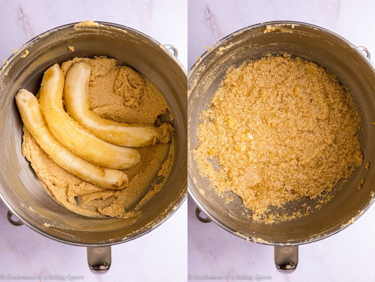bananas mixed into wet ingredients in a metal bowl on a light pink surface
