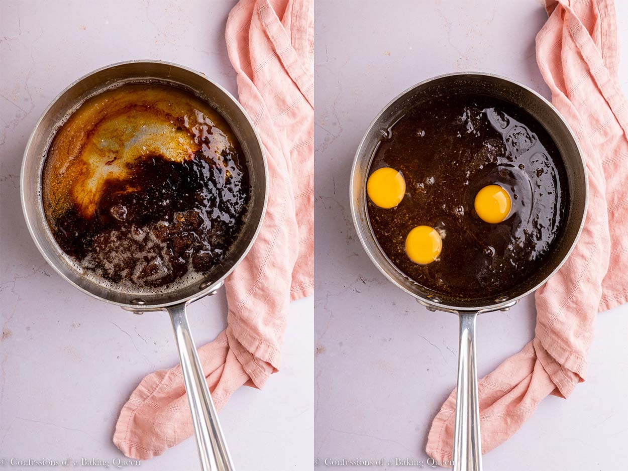 gooey pecan pie filling mixed together in a metal pot with eggs added in a metal pot on a light pink surface with a pink linen