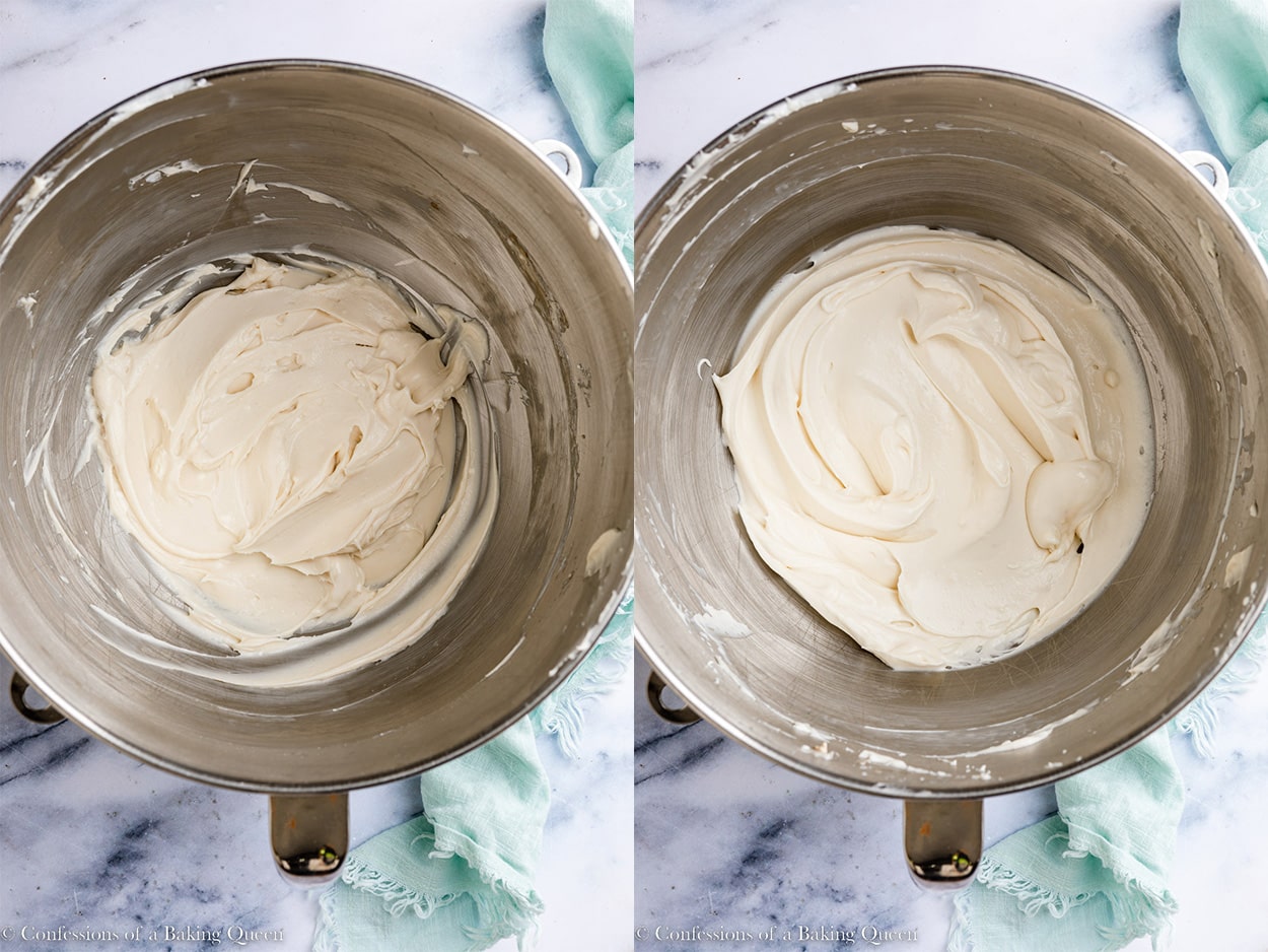 heavy cream mixed into cream cheese mixture in a metal bowl on a marble surface with a light blue linen