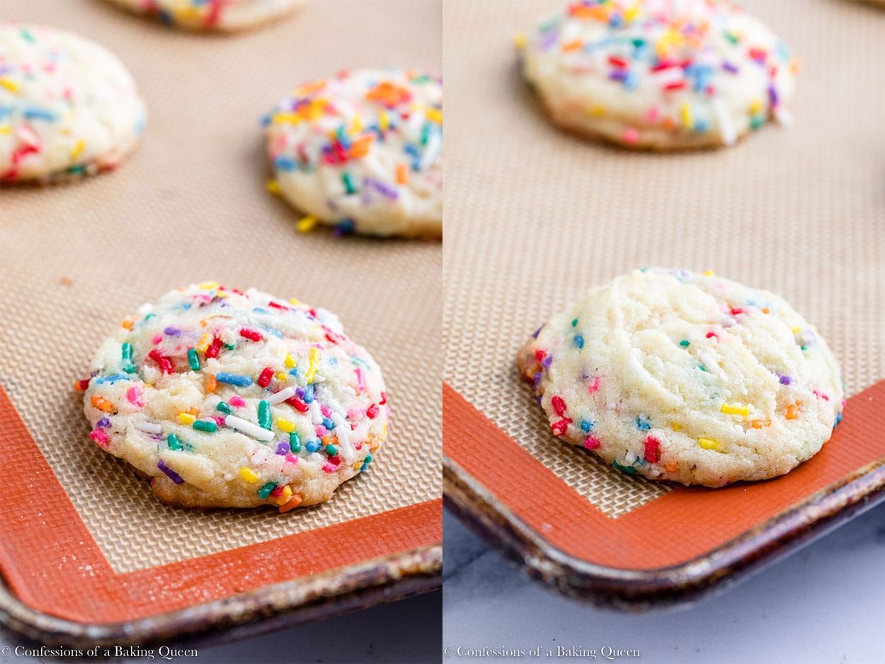 sprinkle covered cookie versus non sprinkled cookie on a baking sheet on a white marble surface