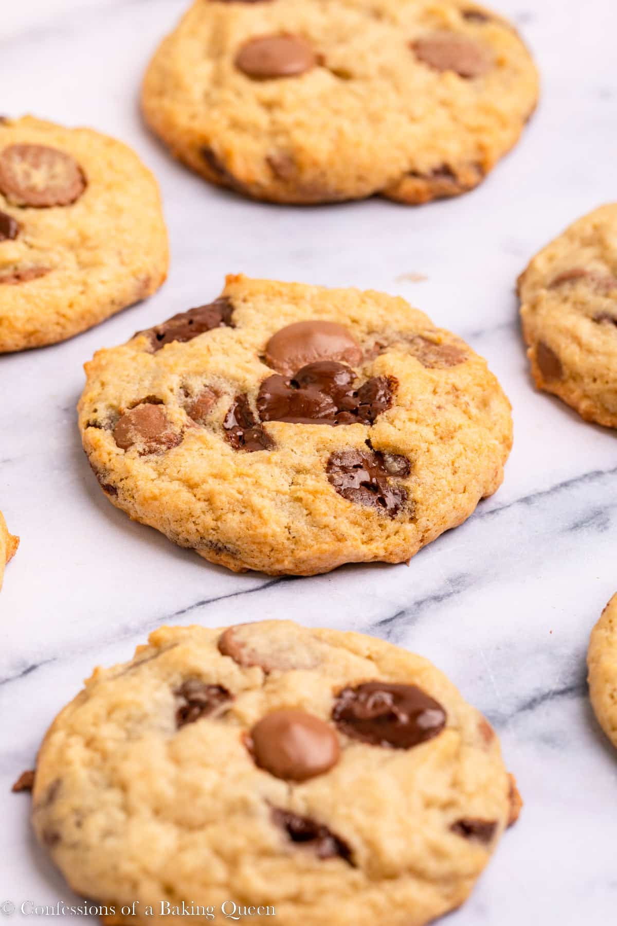 Banana chocolate chip cookies on a counter.