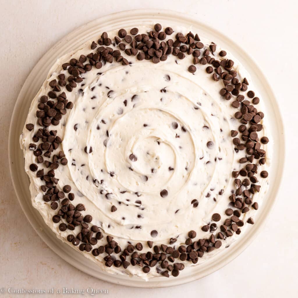 Overhead of chocolate chip layer cake.