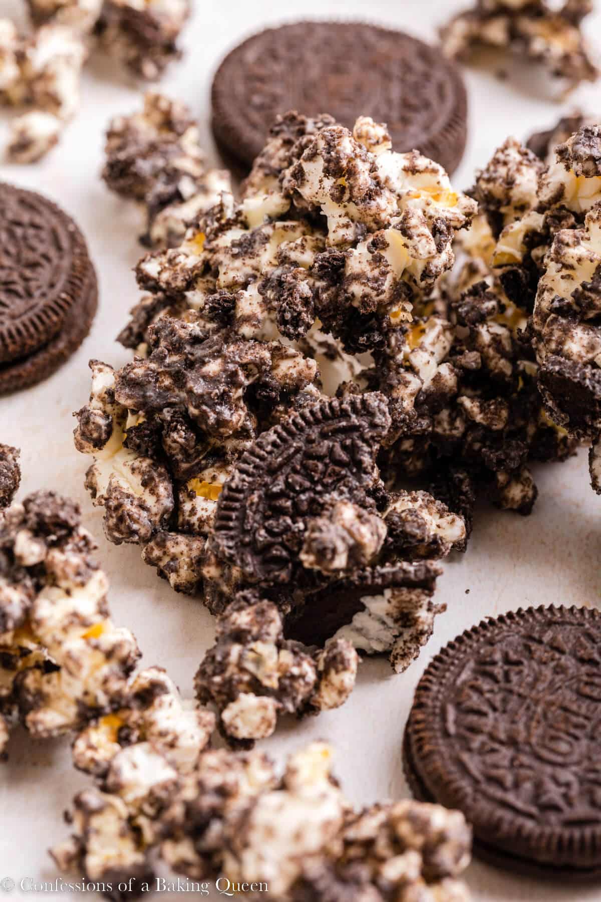 oreo popcorn clusters on a light surface