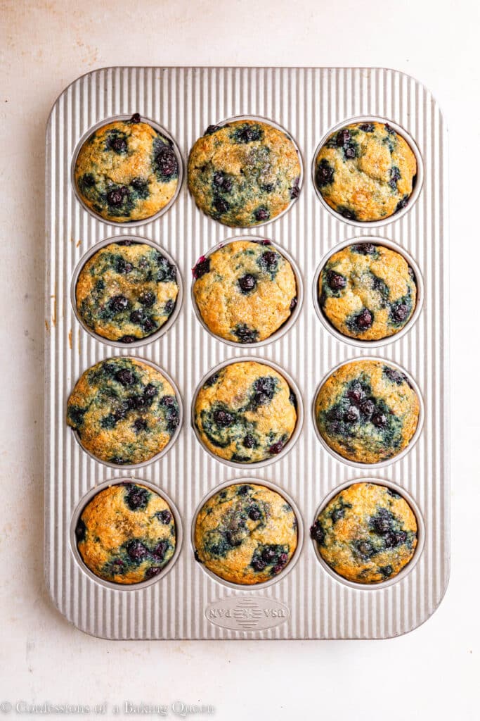 Overhead of banana blueberry muffins baked in a muffin tray.