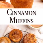 Cinnamon sugar muffins on a table. One is stacked on top of another and has a bite taken out of it.