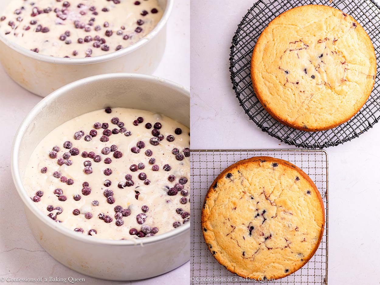 lemon blueberry cake layers before and after baking on an light surface