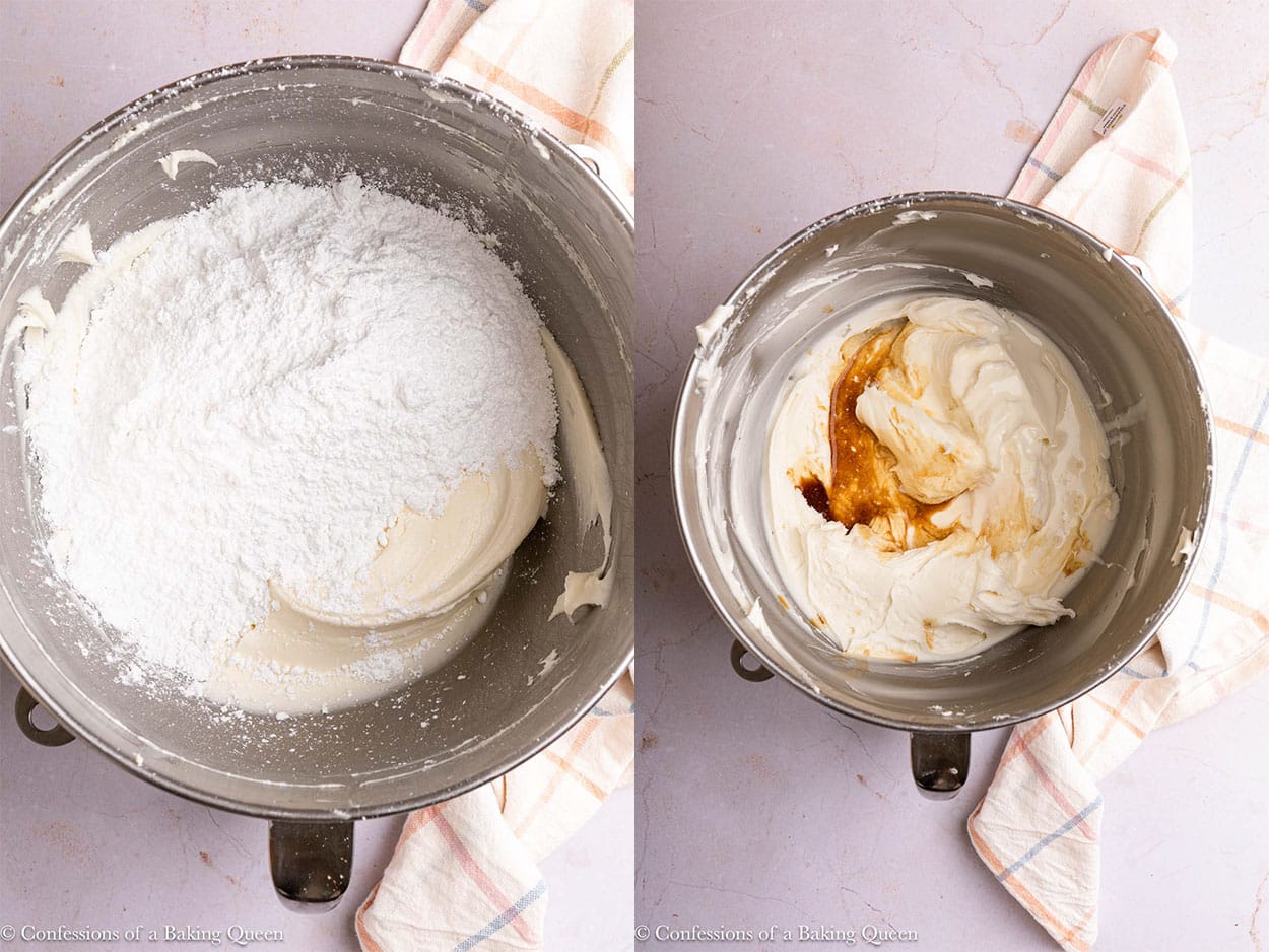 confectioners sugar added to cream cheese mixture then cream and vanilla added in a metal bowl on a light surface with a light multi colored linen