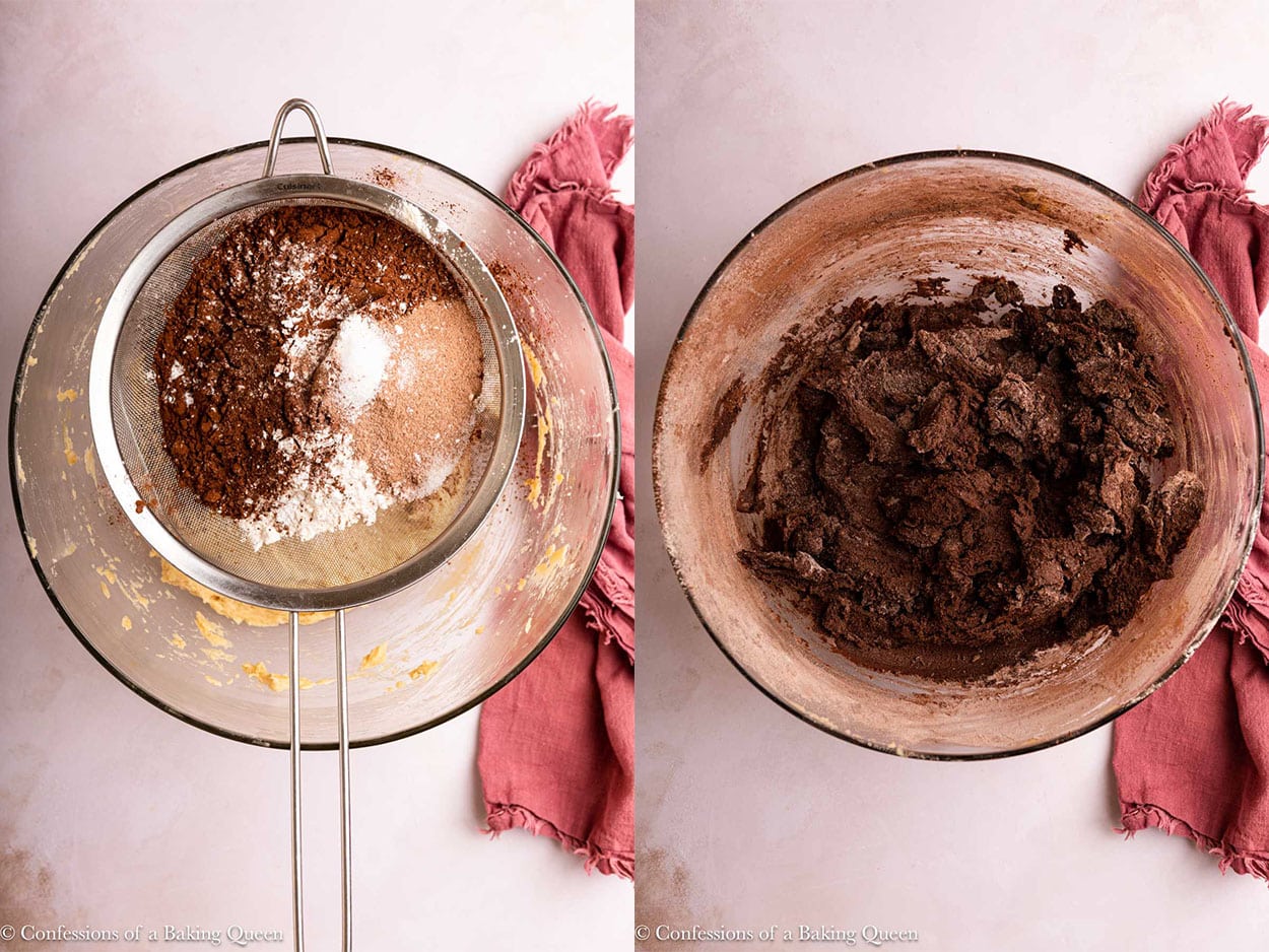 dry ingredients sifted into wet ingredients and mixed in an glass bowl on a light surface with a pink linen